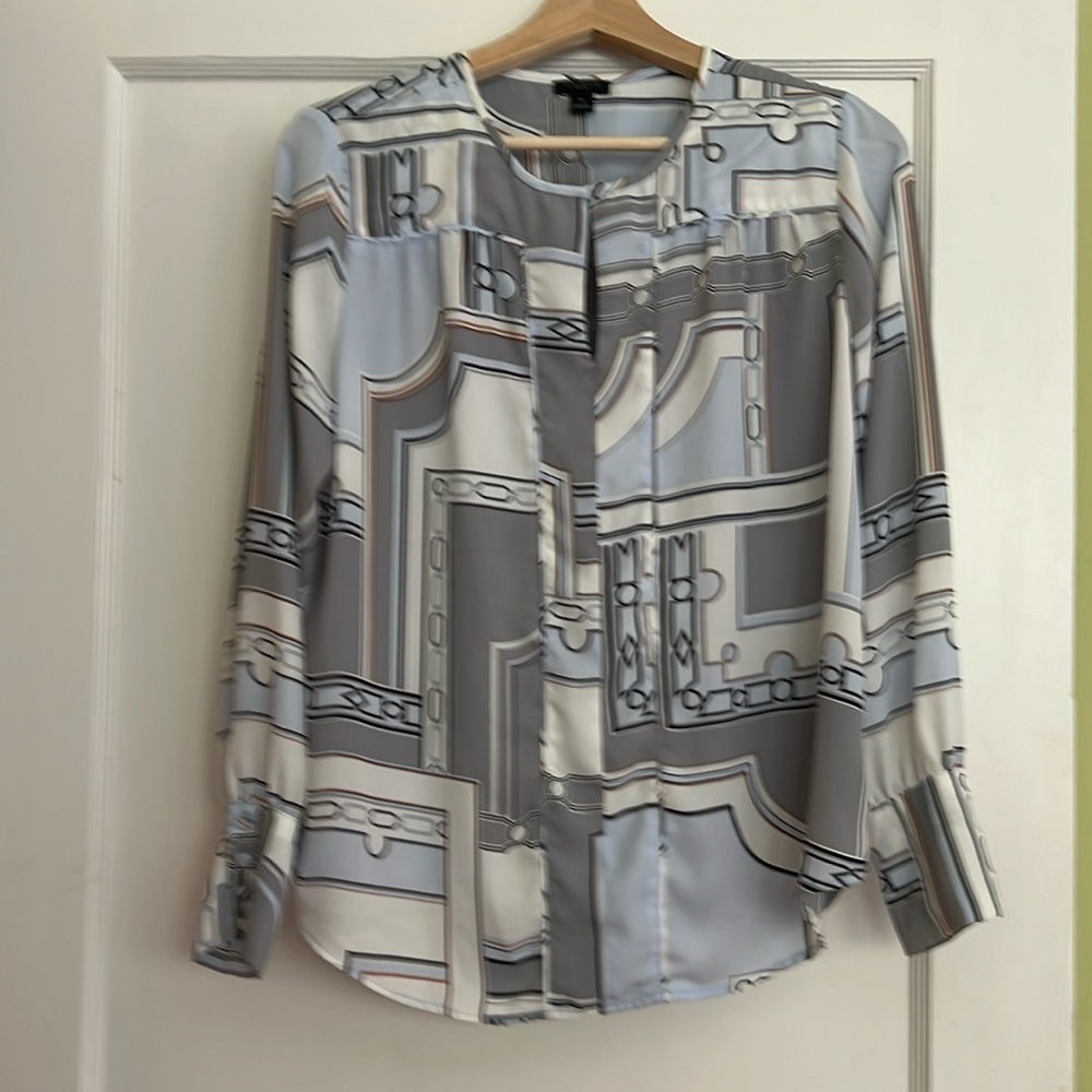 ANN TAYLOR BLUE CHAIN LINK BLOUSE FABRIC BUTTONS - SP